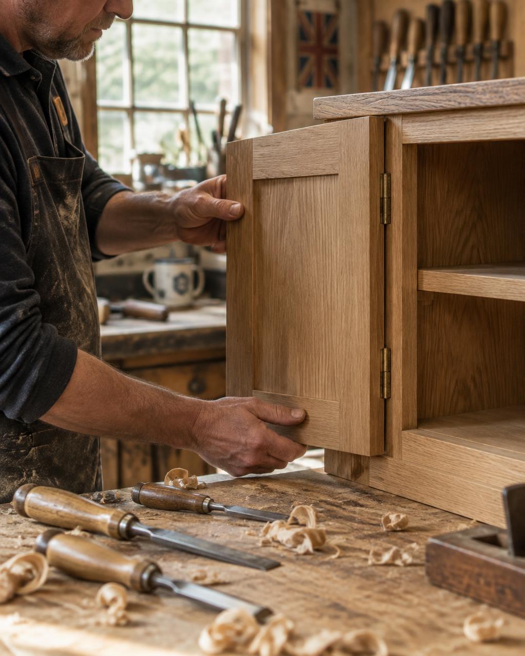 Craftsman fitting an oak joint in the workshop