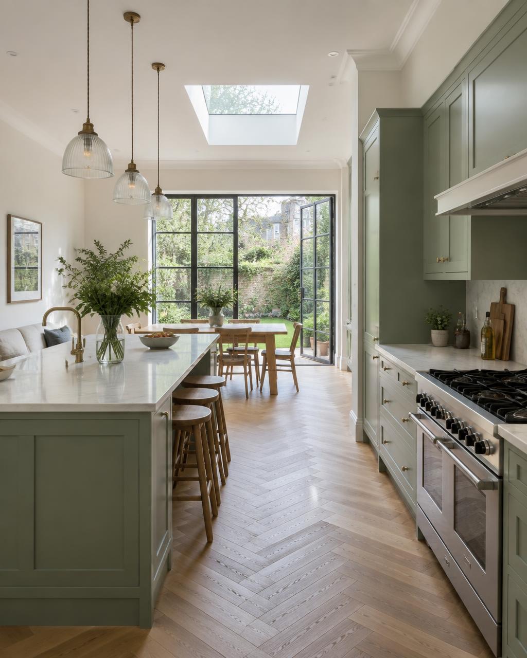 Open-plan kitchen and dining space with marble island and brass pendant lights